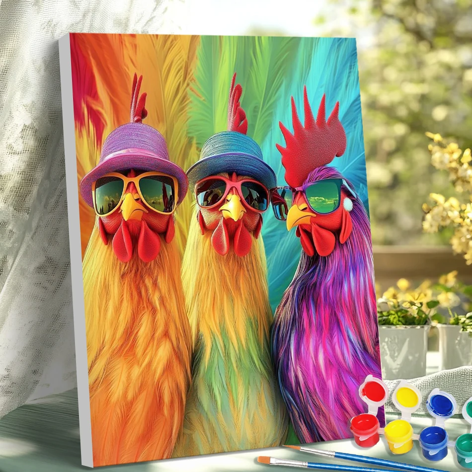 GATYZTORY Painting By Numbers Digital oil paintings Set Picture Paint Animals Abstract Three Chickens Artwork Decorative Drawing