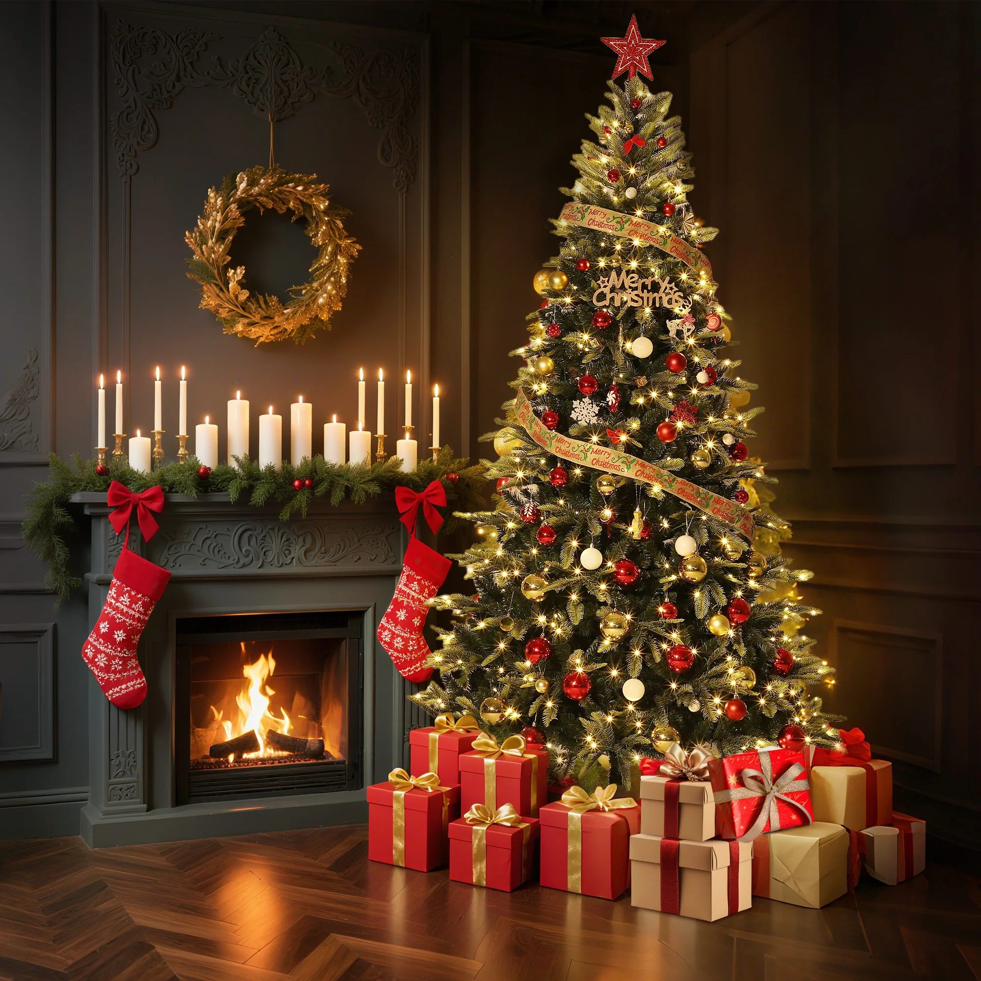 Pre-Lit Pencil Christmas Tree, 6.5-7.5 ft Slim Artificial Xmas Tree - 240-300 Warm White Lights (8 Modes) - Auto-Hinged Divisions, PE & PVC Suggestions