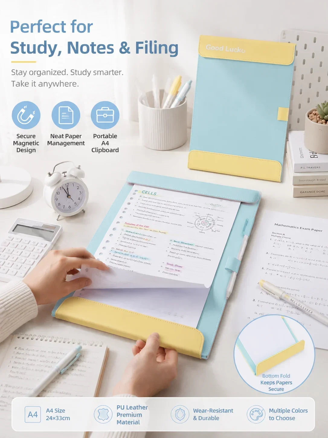 A4 Leather Colorblock Clipboard, Magnetic Folder with Wide Writing Pad, Multi-Function Test Paper Holder