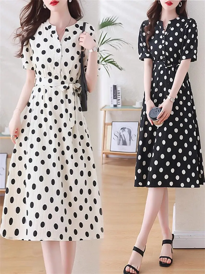 

Женское летнее платье в горошек 2025 года, винтажное платье трапециевидной формы миди во французском стиле с v-образным вырезом, чайное платье с поясом на талии G628