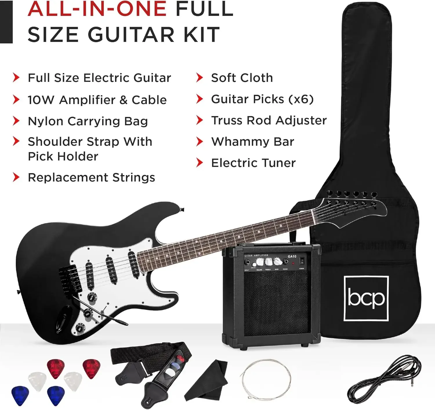 39in Full Size Beginner Electric Guitar Starter Kit w/Case, Strap, 10W Amp, Strings, Pick, Tremolo Bar - Je