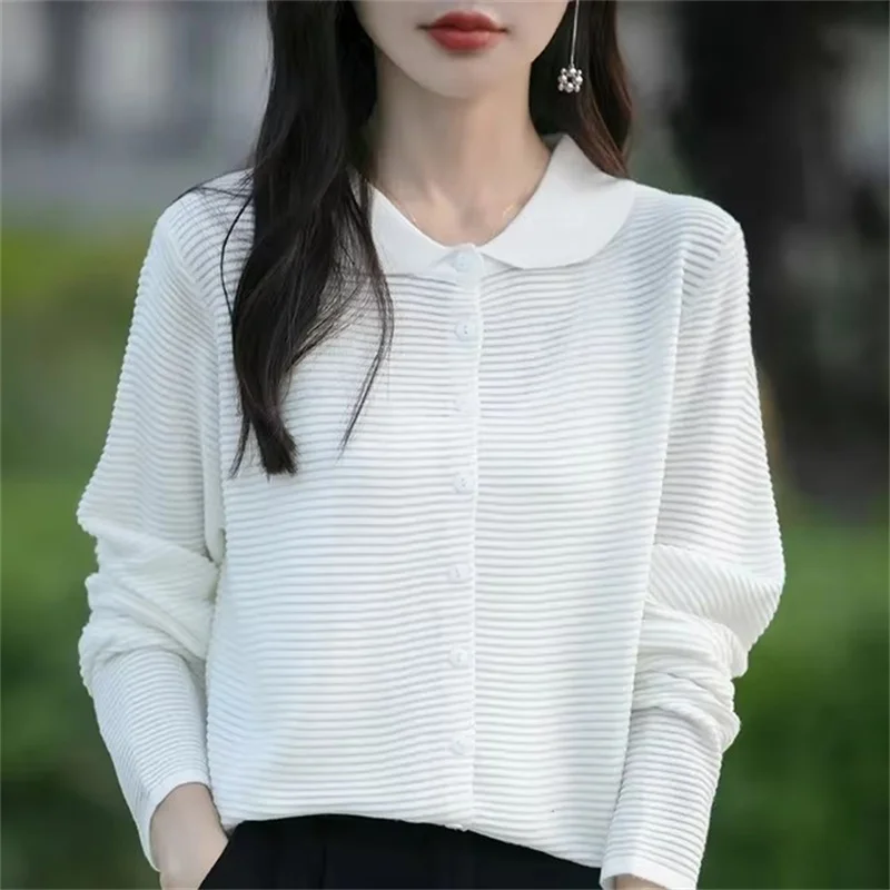 2024 Spring Autumn Short Casual Doll Collar Versatile Ladies Sweater Coat High-End Long Sleeve Women's Knitting Cardigan Sweater