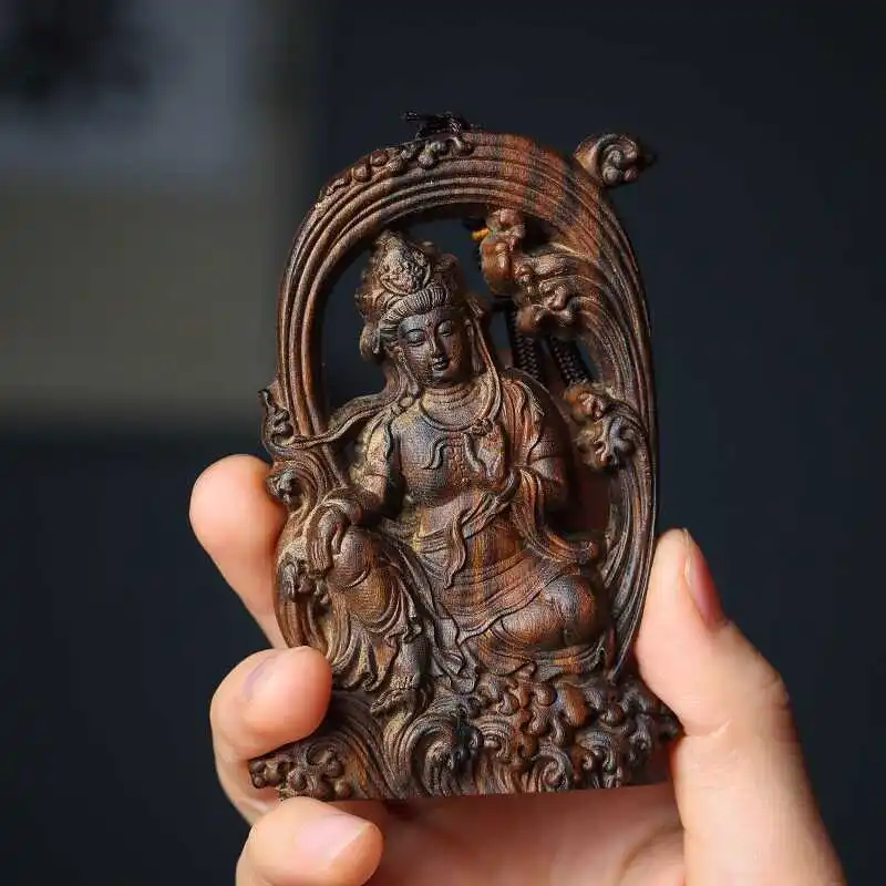 Agarwood hollow water moon Guanyin pendant carving hand handle Guanyin Bodhisattva car pendant Buddha tag gift