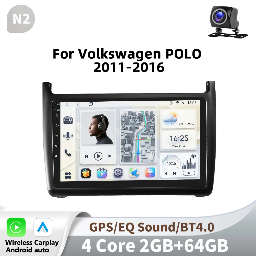 Podofo 9 inch autoradio voor Volkswagen Polo 2011-2016 met multimedia, videospeler, draadloze CarPlay, Android Auto, GPS-navigatie, 2DIN