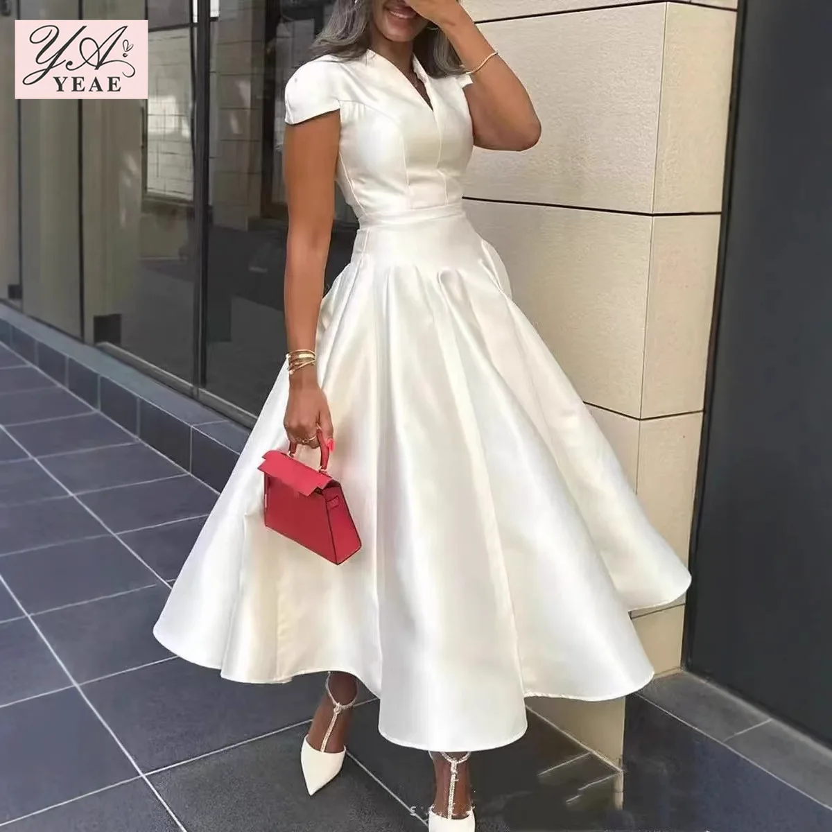 

2025 V-Neck A-Line Dress - French Elegant Belted Midi, Summer Short Sleeve Cross-Border Dress