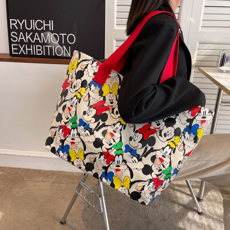 Cartoon Mickey And Minnie Printing Canvas Handbags New High Capacity One Shoulder Shopping Bags Women Cute Simple Casual Totes