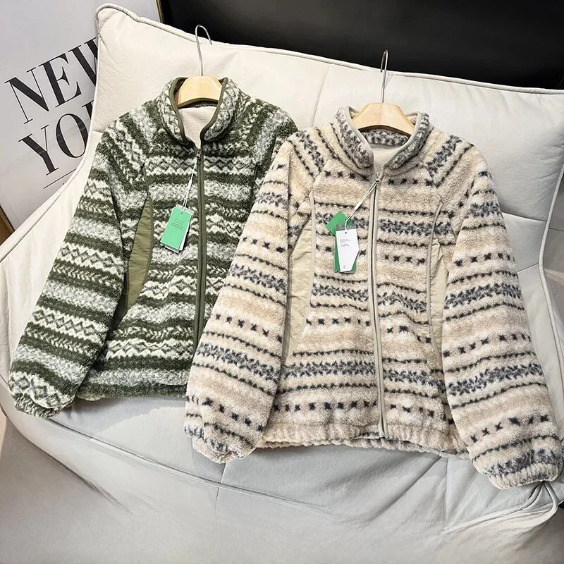 

Women's Thiened Fce Lined Stand Collar Retro Fair Isle Jaet Outerwear Polyester Fiber Long Sve Zipper Closure Coat