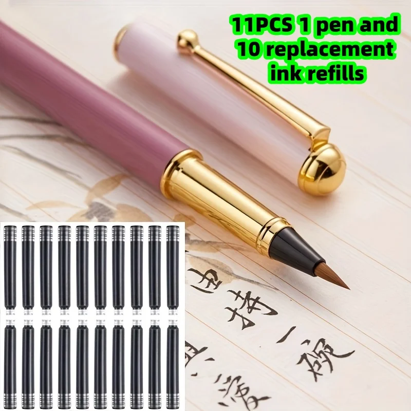 11-teiliges Set (1 Stift und 10 Ersatzminen) – schwarzer Tintenstift im Pinselstil mit austauschbaren Tintenpatronen zum Kopieren und für Kalligraphie, ausgestattet mit einem eleganten Pinsel aus Wolfsborsten und wasserbasierter Tinte, einfach zu verwenden. – Detail 1