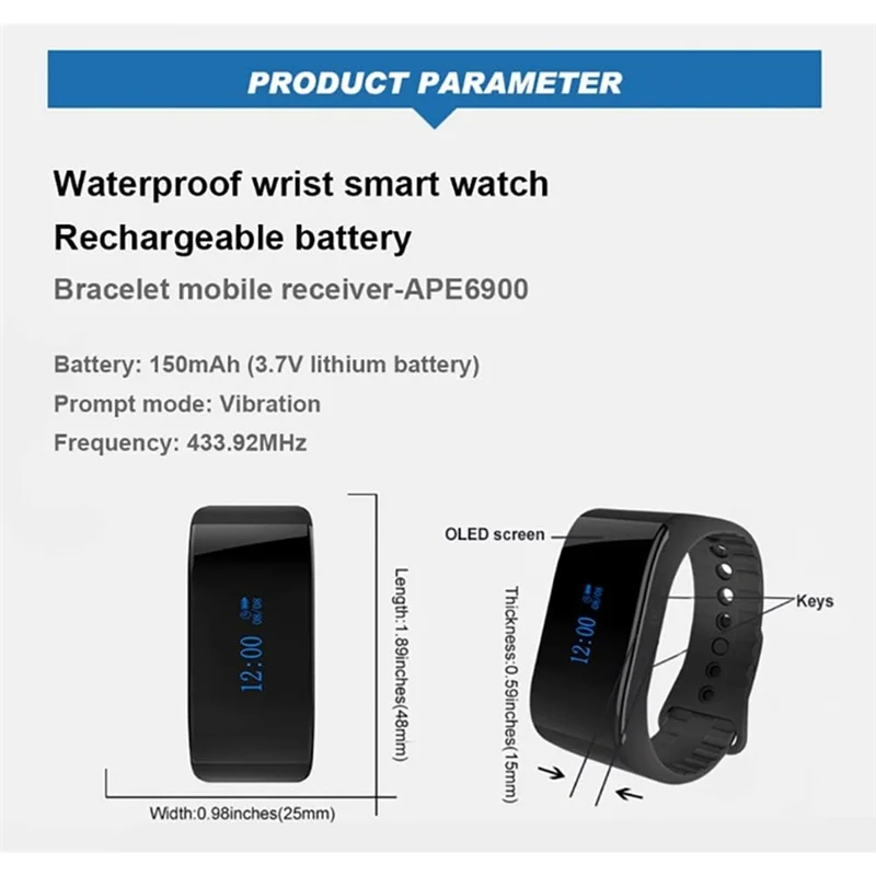 【BRILLIANT】 Système d'appel sans fil rechargeable étanche, récepteur de montre-bracelet de mode pour les appels de service APE6900