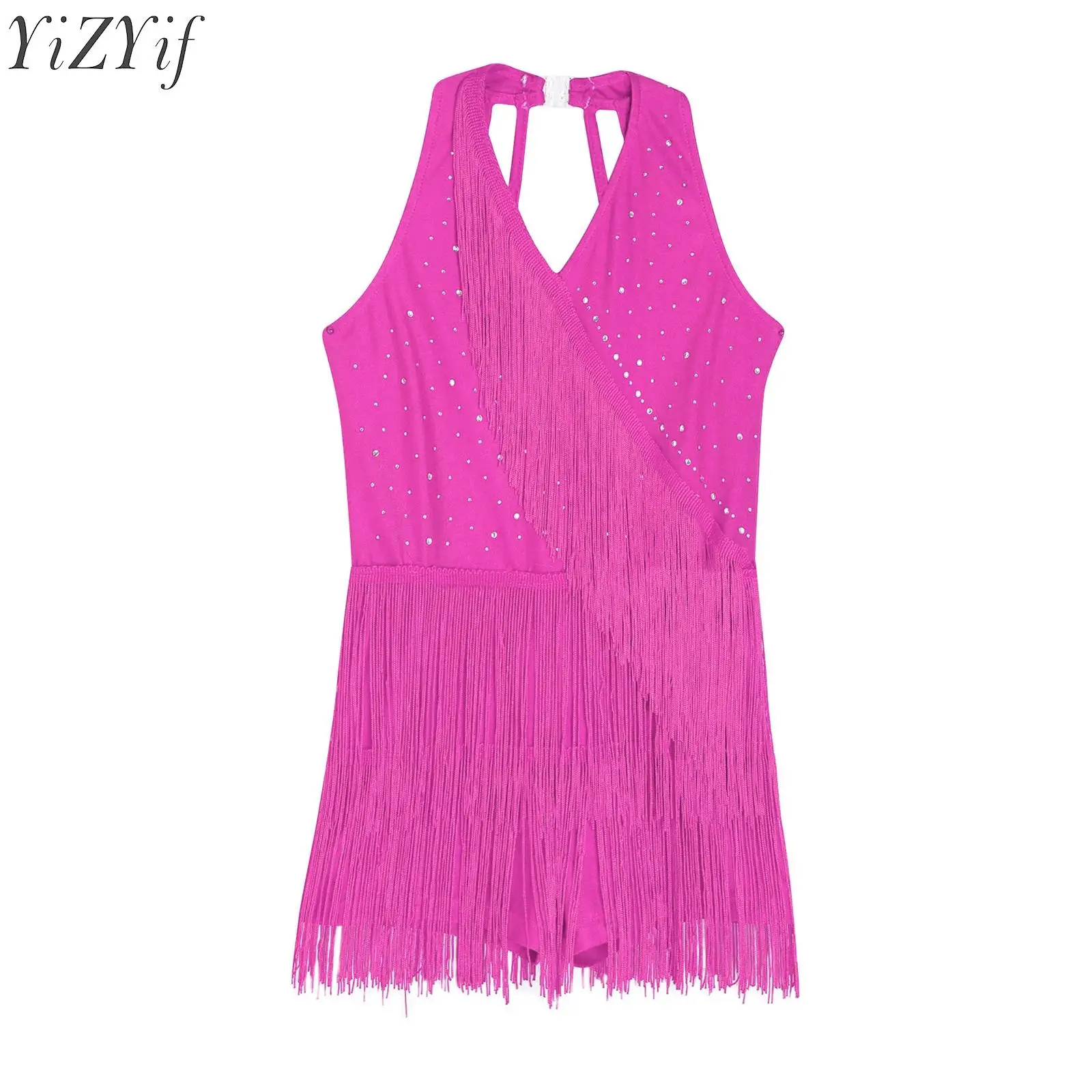 

Kids Girls Latin Dance Dress Rhinestones Fringe Skirted Bodysuit Halter V-neck Sleeveless Tassel Jumpsuit Performance Costume