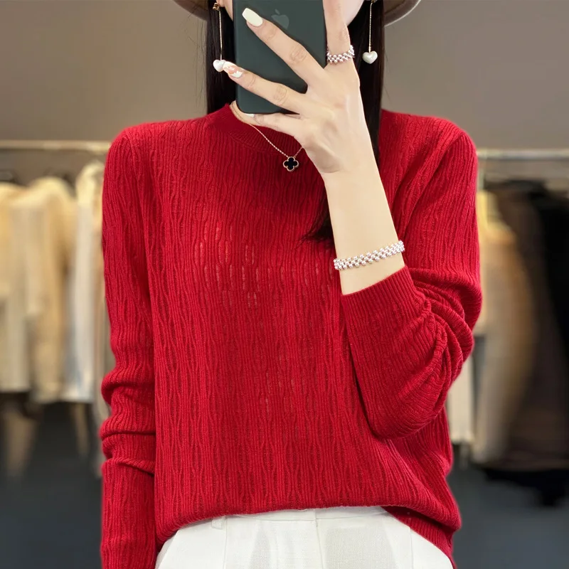 Women\'s Pullover 2023 Spring and Autumn New 100% Wool Hollow Out Casual Knitted Women\'s Top Loose O-neck Collar Korean Sweater