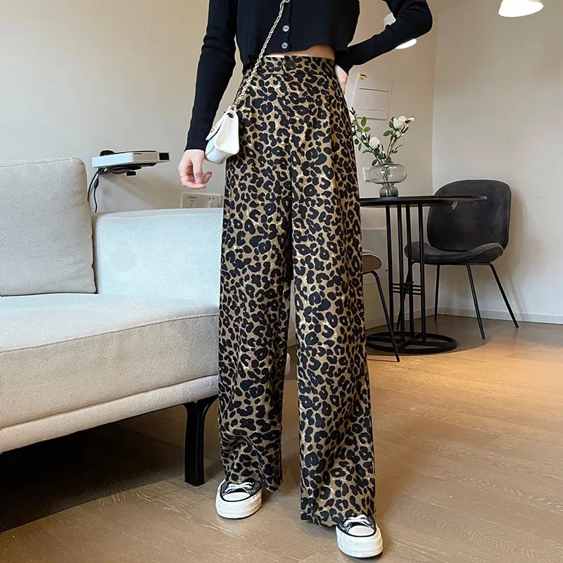 Chic Leopard Print Wide Leg Pants Women Vintage High Waist Straight Pants Female Full Length Y2k Streetwear Trousers Harajuku