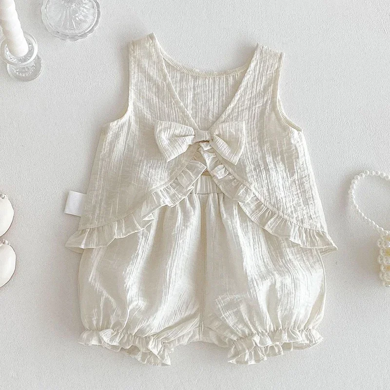 2025 nueva ropa de verano para niños, conjunto de ropa para niñas, chaleco sin mangas de Color sólido + Pantalones cortos, ropa para niños de 0 a 5 años