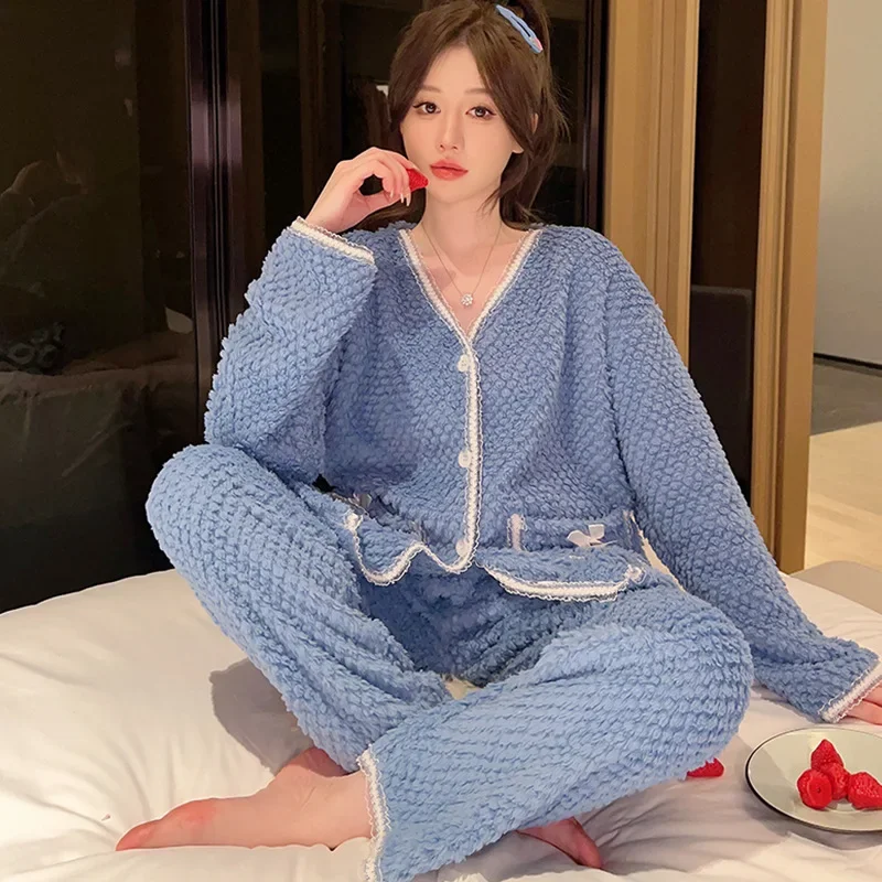 Plus Size Coral Velvet Pajama Set Women Winter Thickened Loose Flannel Home Clothes Korean Sweet Nightwear Can Be Worn Outside