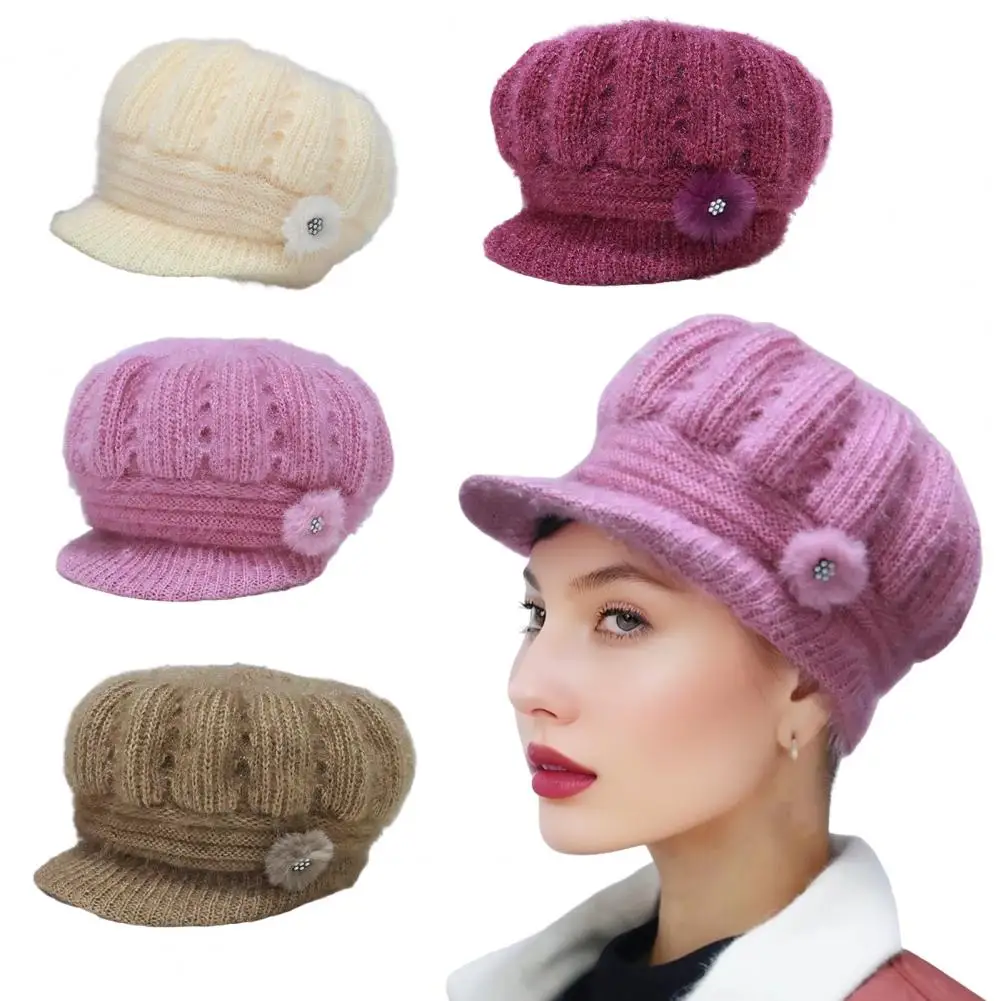 

Knit Hat Stylish Women's Knitted Winter Hat with Extended Brim Plush Lining Solid Color Flower Decor Fashionable Warm for Cold