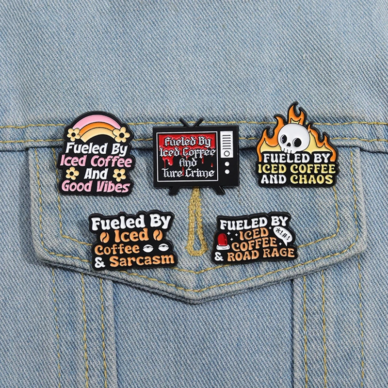 Punk Letter Text Enamel Pins Custom Fueled By Iced Coffee Brooches Lapel Badges Cartoon Funny Jewelry Gift for Kids Friends