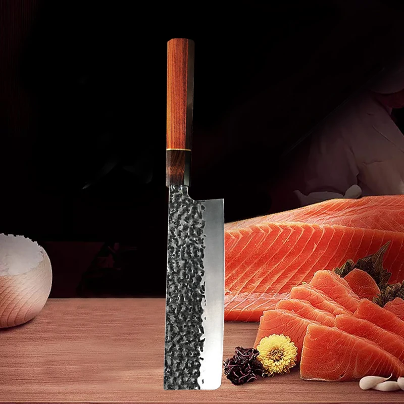 NONE Japanische Küchenmesser Gehämmertes Kochmesser 90Cr18MoV Edelstahl Santokumesser Fleischbeil Lachs Sushi Schneidemesser 6