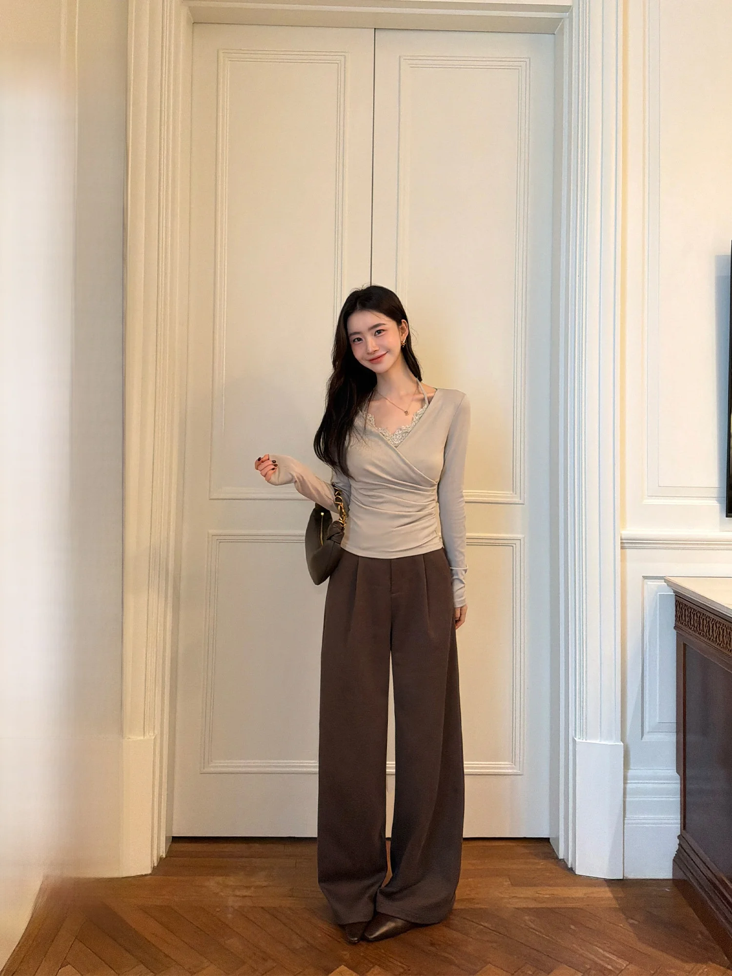 Pusumede Elegant High Waist Draped Suit Pants Women's Simple Loose Casual Trousers Straight Leg Polyester Blend Daily Wear