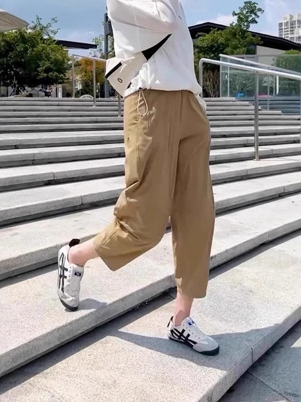 Damskie spodnie sportowe z jedwabiu lodowego Qui Dry, wysoki stan, wyszczuplające, luźny krój, cienkie spodnie typu harlan/marynarka na lato 2025, długość 7/8.