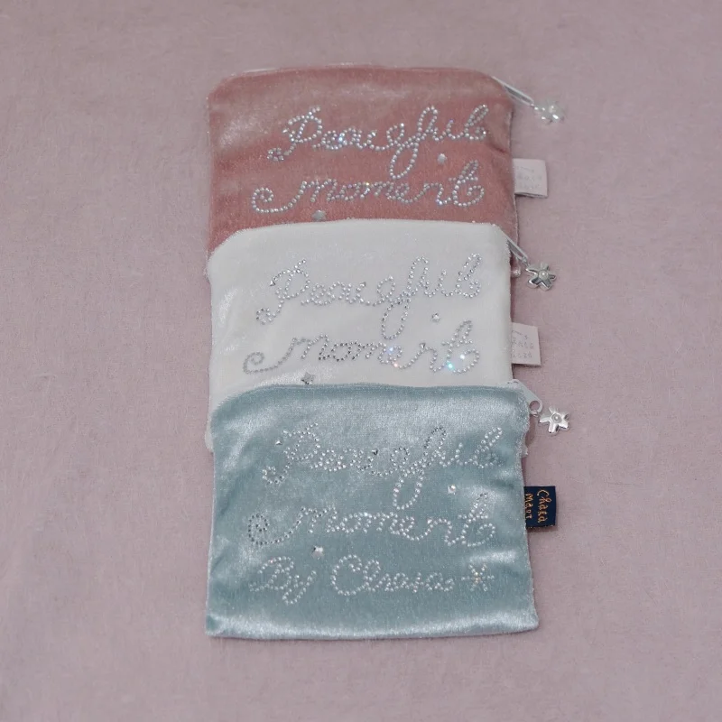 Original Niche Design Girl Style Storage Bag Zipper Velvet Rhinestone Zipper Pouch Peaceful Moment Cosmetic with Flower Charm