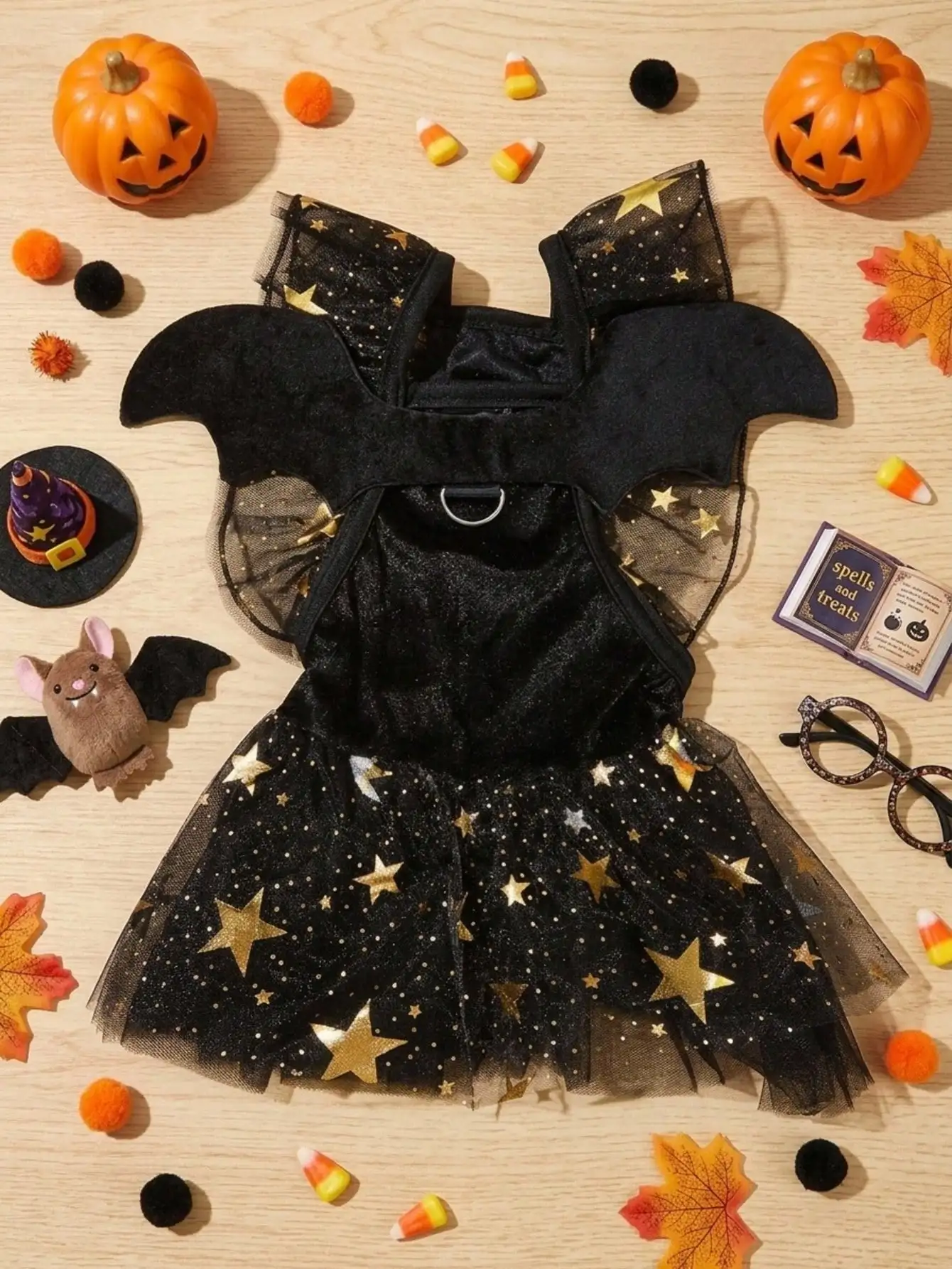 PETSIN 1pc Pet Halloween Costume Dress Black Star Mesh Lace With 3D Bat Wings sp260628094834739170864
