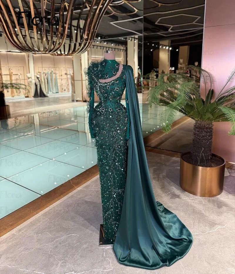 

Emerald Green Middle East Prom Dress With Long Cape Sleeve Beaded Lace Wedding Guest Gowns Long Sleeve Engagement Customizized