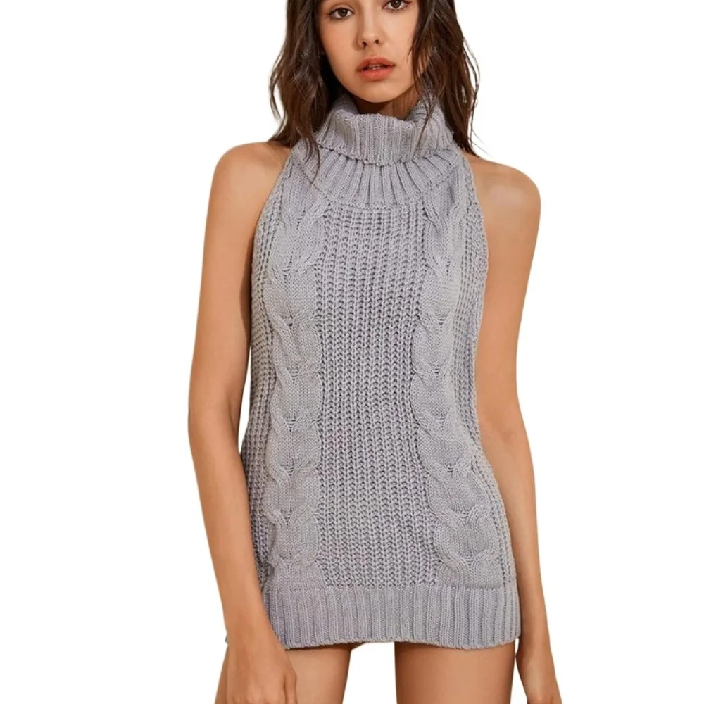 

Women's Sleeveless Turtleneck Cable Knit Backless Mini Dress Sexy Virgin Killer Sweater Lingeries Halter Neck Intimate Uniforms