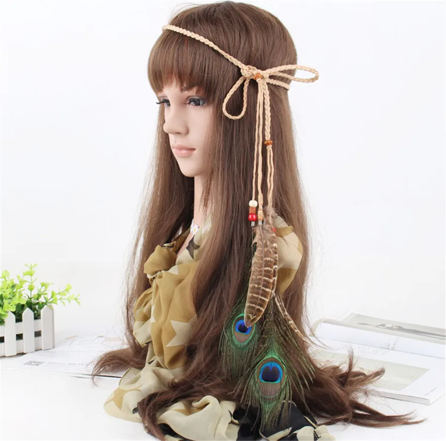 AWAYTR AWAYTR Boho Feather Headband for Women Peacock Feather Hairband Fashion Girls Festival Beads Feather Hair Accessories