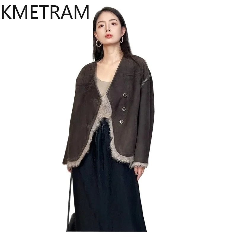 KMETRAM 100% Suede Goatskin with Wool Attached Coats Fashion Short Fur Jacket Winter V-Neck Fur Coat Woman Clothing 62cm 2026 코트