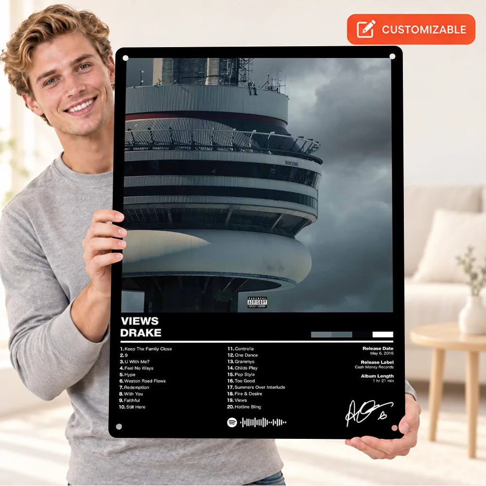 Drake Views Music Album Aluminum Poster Personalized Metal Sign Contemporary Design Wall Art For Man Cave Record Collector Gift