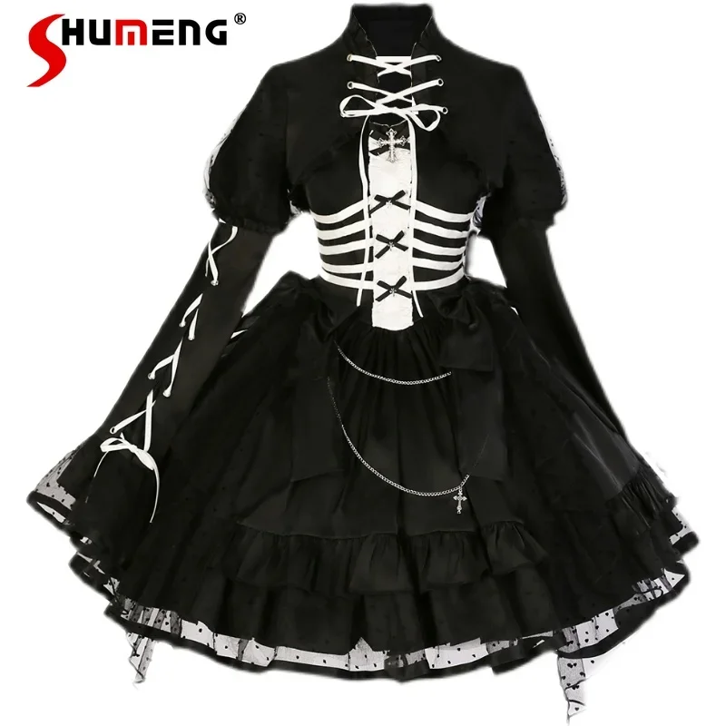 Gothic Girl Lolita Suspender Dress Women's Two Peice Sets Original Dark Daily Op Long Sleeve Detachable Bandage Crop Tops Ladies