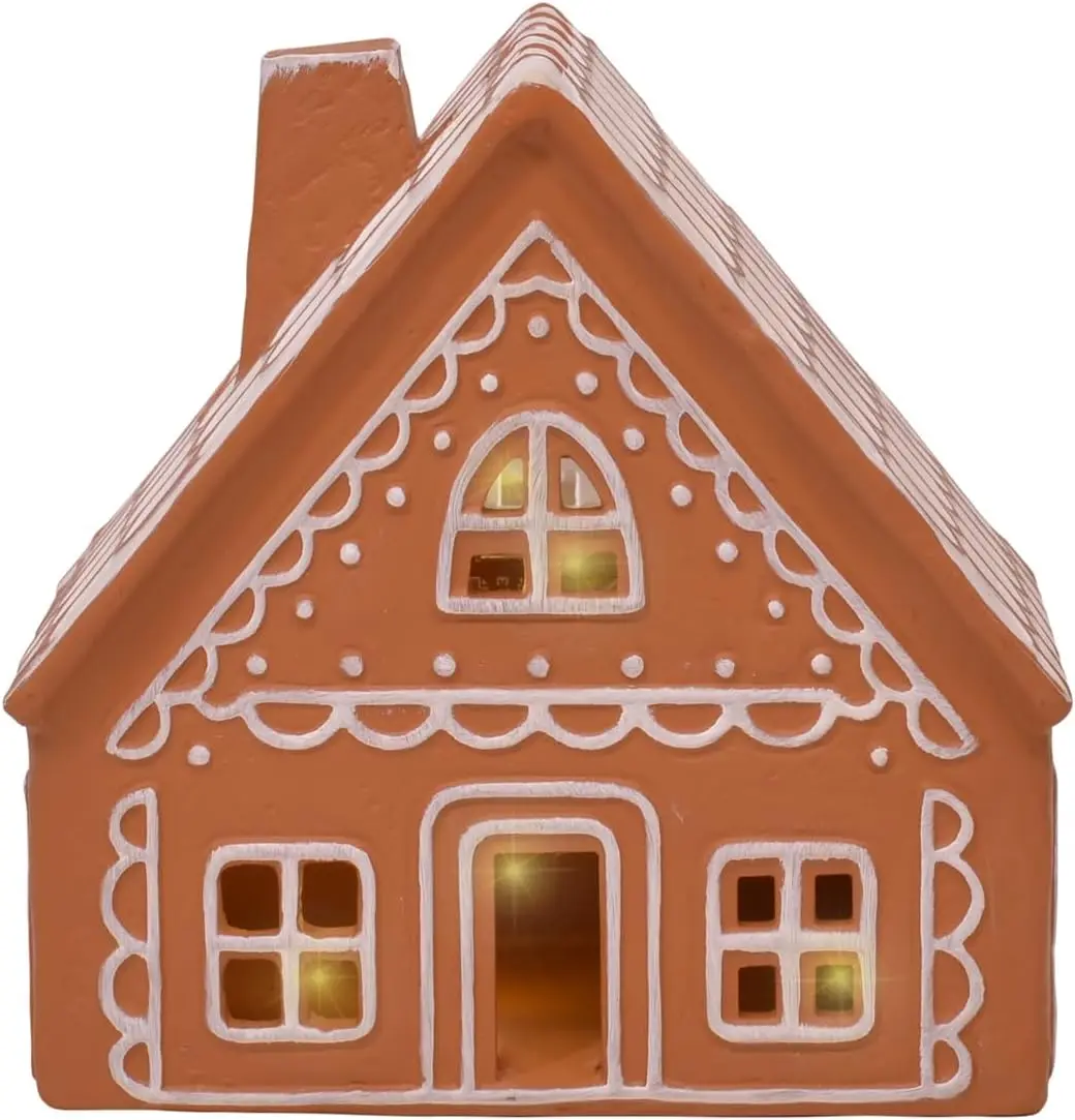 Figurine del villaggio della casa di pan di zenzero in ceramica a LED pre-illuminate, set di 2, decorazioni natalizie da 9 pollici