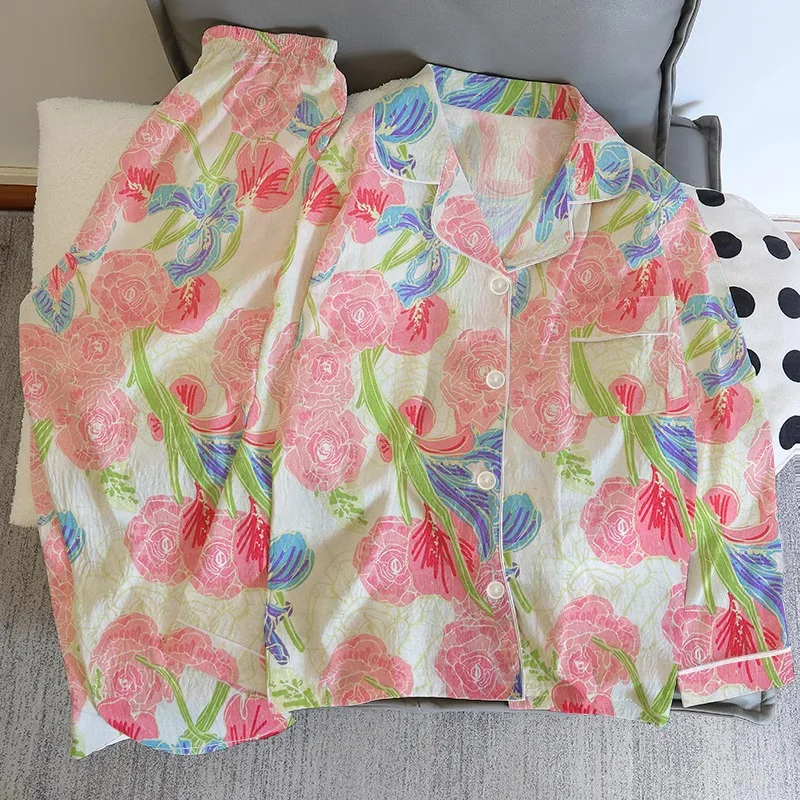

Y2K Fashion Flower Print Colourful Sleepwear Women's French Aesthetic Fashion Women's Pajamas Set Autumn New Sweet Loungewear