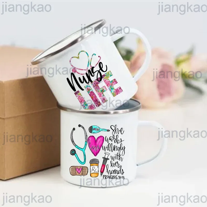 Nurse Life Print Mugs Creative Coffee Cups Drinks Dessert Breakfast Milk Cup Enamel Mugs Handle Drinkware Best Gifts for Nurse