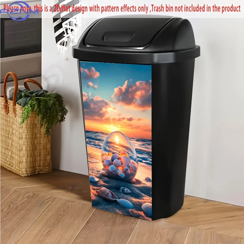 1pc, 2D/Flat Trash Can Sticker, .01 X cm, Glass Egg Filled with Seashells on Beach, Ocean Sunset Scene, Summer Coastal Decor,