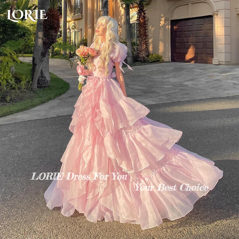 LORIE Fair Blush Pink Formal Prom Dresses Short Puff Sleeves A-Line Evening Dresses Tiered Ruffles Princess Pageant Bride Dress