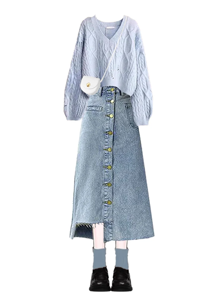 Autumn Winter Denim Faion Set Women's Salt System Lazy Hole Sweater Vivacious Agel  Skirt Two Piece Set Casual Sle