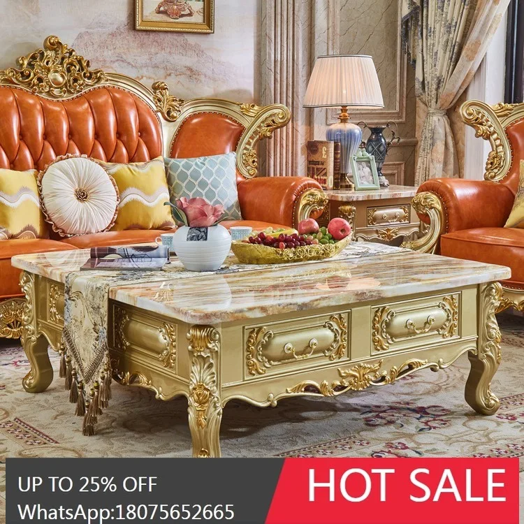 

SGF European-style Marble Coffee Table Full Solid Wood Carved Luxury Square Tea Table