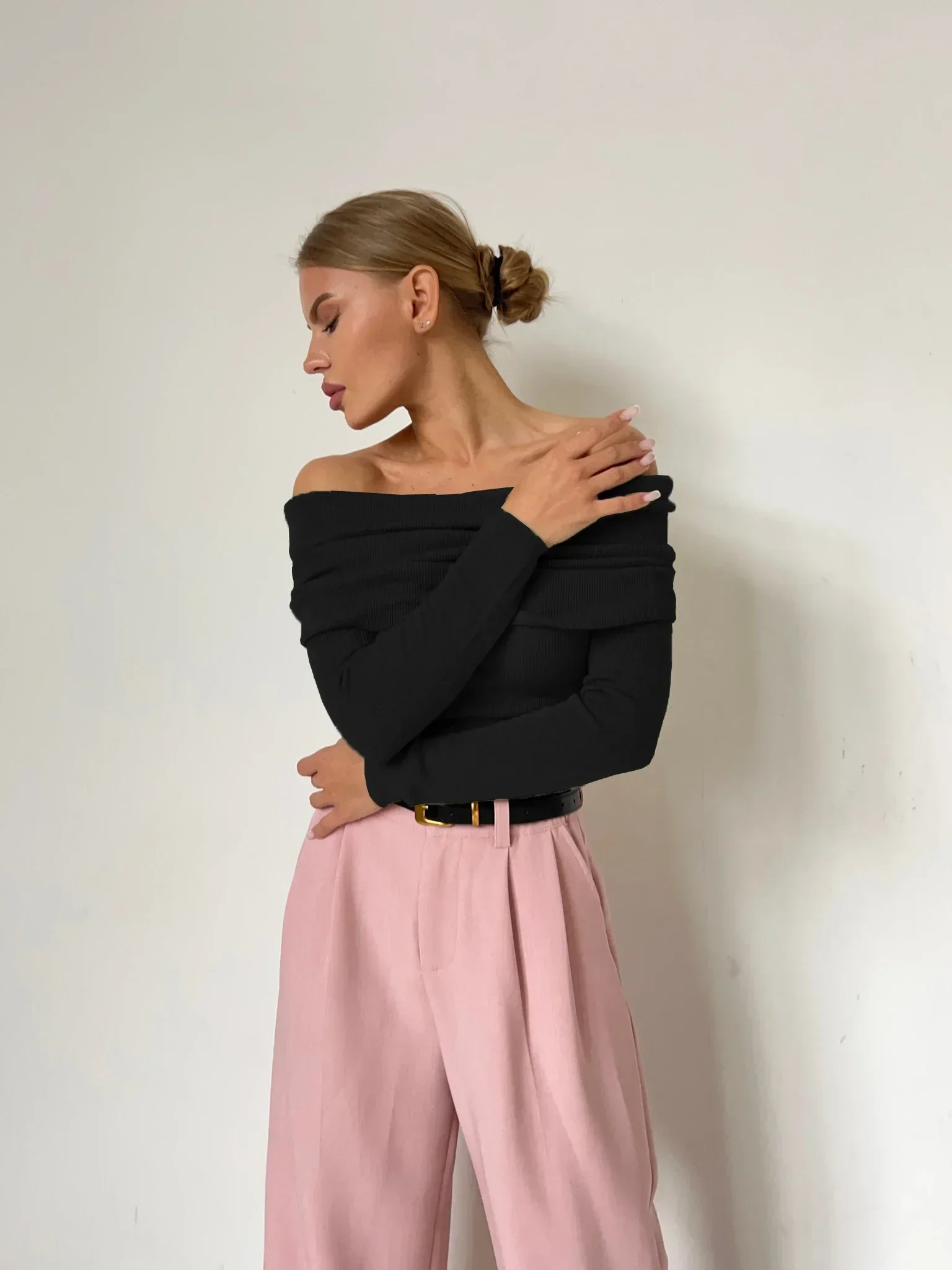 Sumuyoo, camiseta de lana tejida para mujer, ajustada, manga larga, Otoño Invierno, suéter básico elegante con hombros descubiertos, ropa de calle,