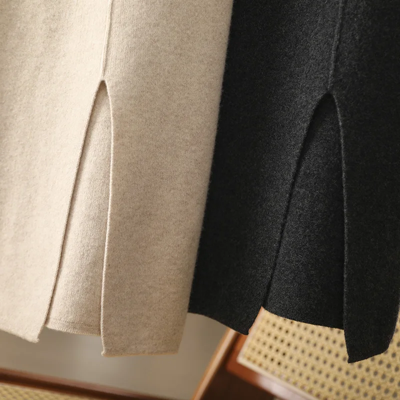 Falda acampanada de calidad para mujer, 100% de lana merina, prendas de punto, exquisita elegancia, dobladillo inferior, cintura elástica suave, lisa, Otoño Invierno