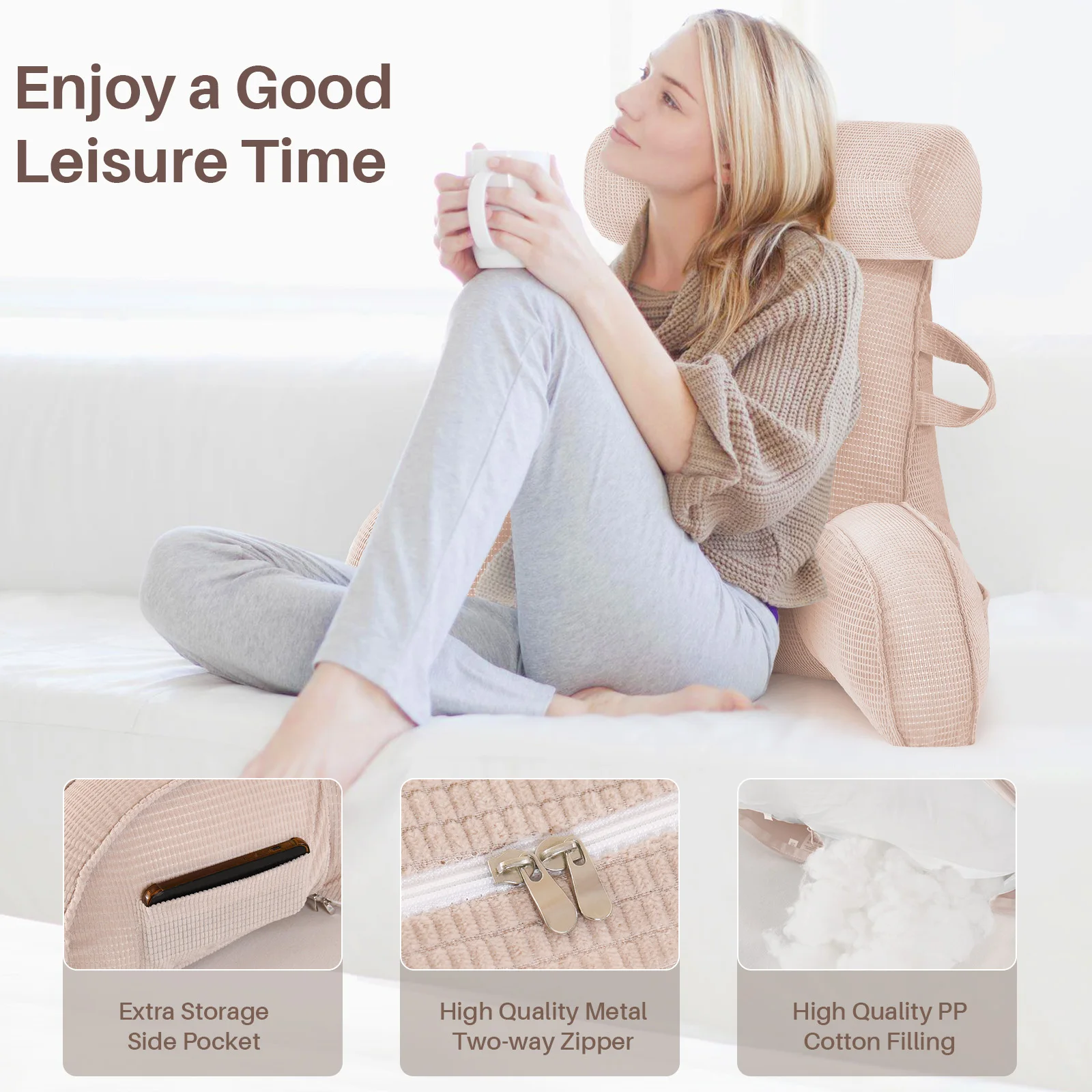 Lesekissen für Bett und Sofa mit abnehmbarem Bezug - Rückenkissen fürs Bett - Memory-Schaum-Lesekissen mit Armlehne, ideal zum Lesen, Fernsehen, Entspannen oder als Rückenstütze – Detail 15