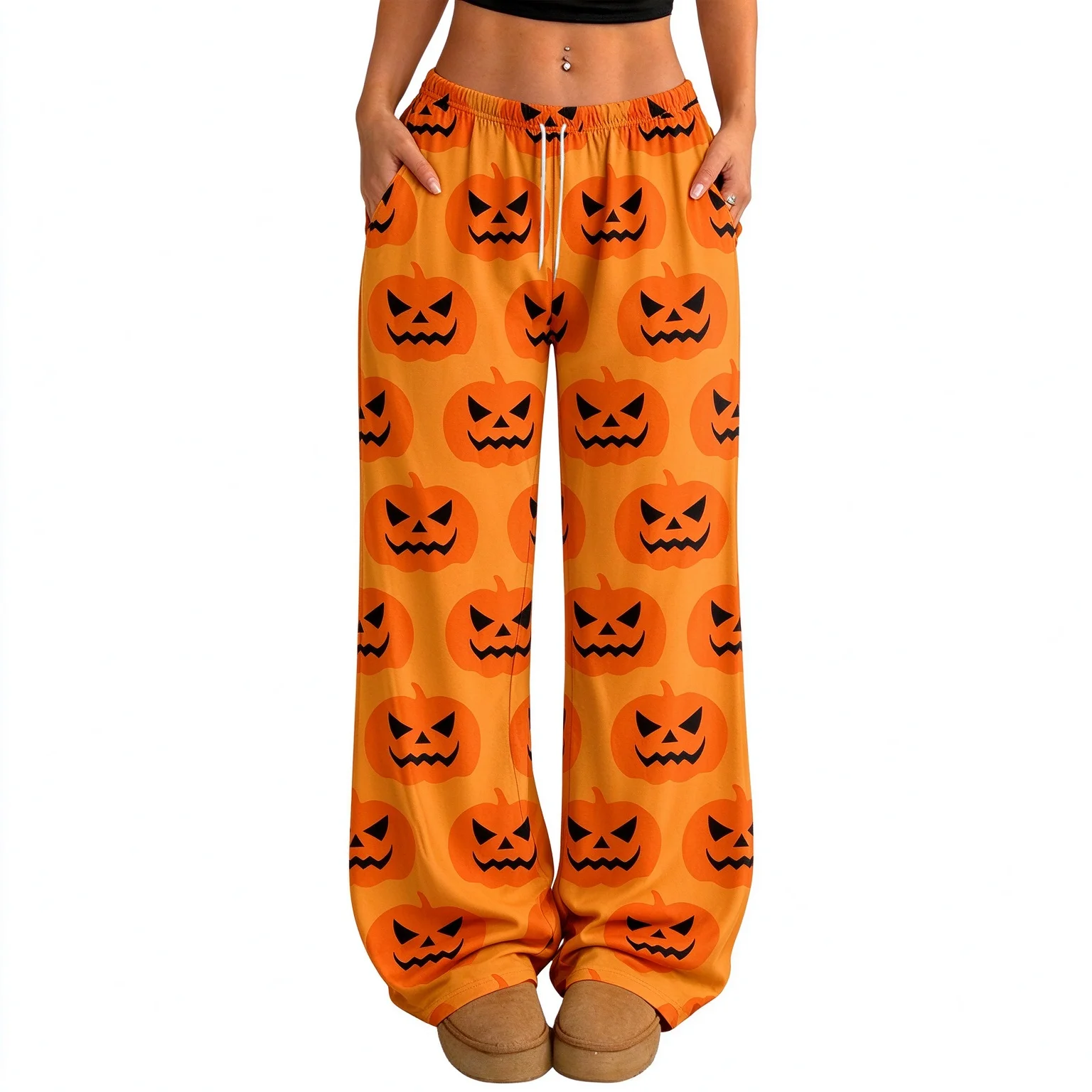 Halloween Jack O Lantern Pumpkin Print Wide Leg Pants Drawstring Elastic Waist Loose Party Trousers Unisex