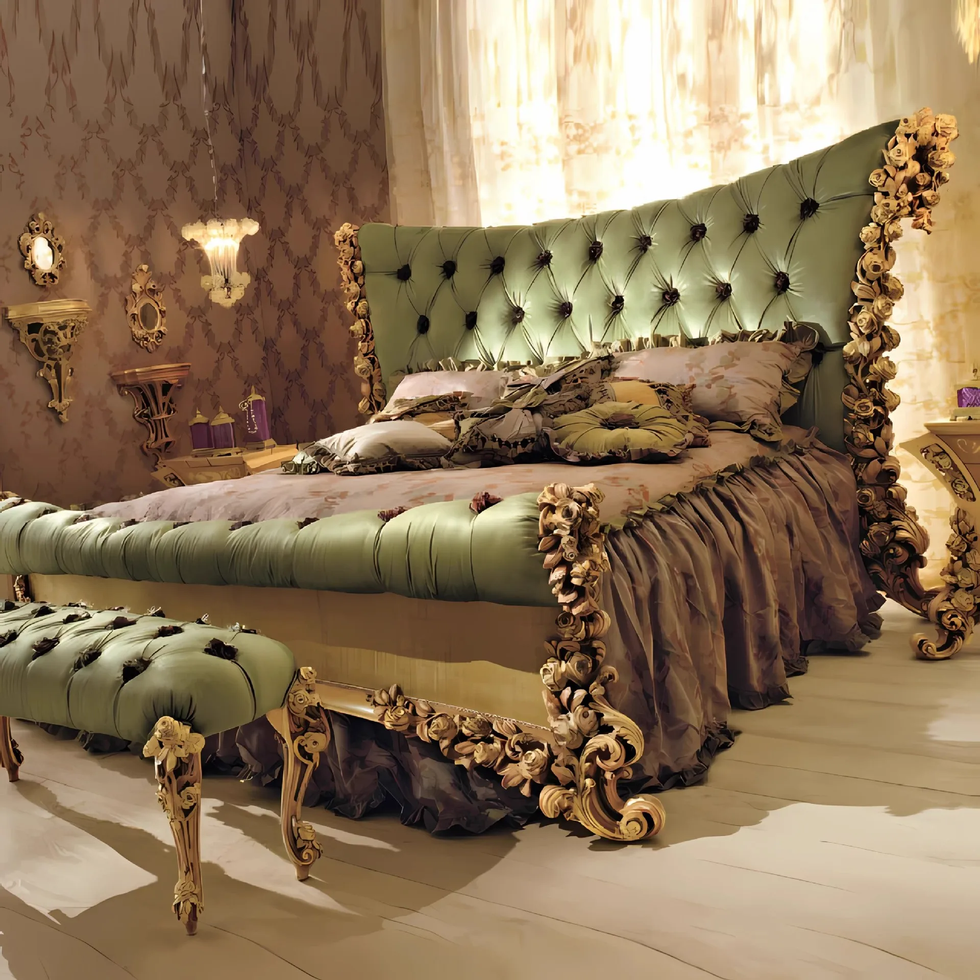 Italian Solid Wood Carving Flower Fabric Bed European-style Villa Large Apartment Luxury Rose Double Bed Princess Wedding Custom