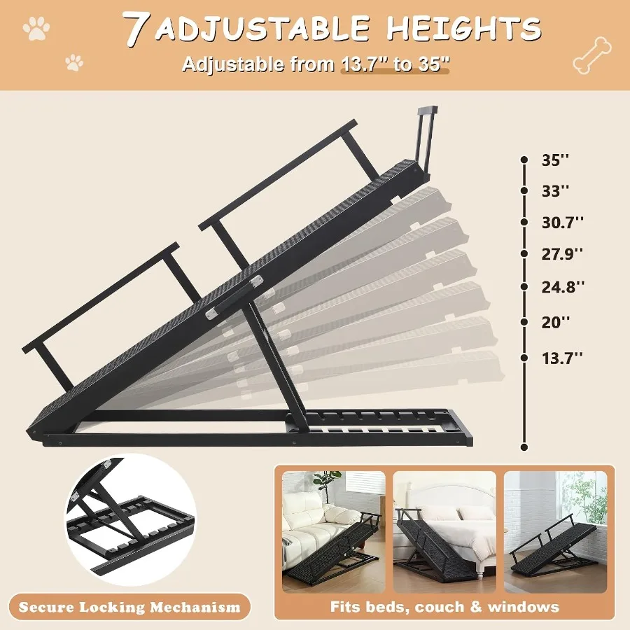 7-Level Adjustable Dog Ramp for Bed & Couch, 13.7–35 inch Height, 58