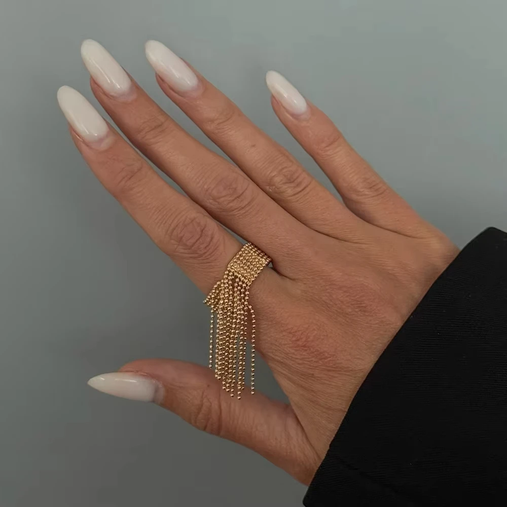 FTCY Multi Layer Tassel Chain Open Ring For Women 18K Glod Plated Stainless Steel Fringe Dangle Finger Ring Fashion Jewelry Gift