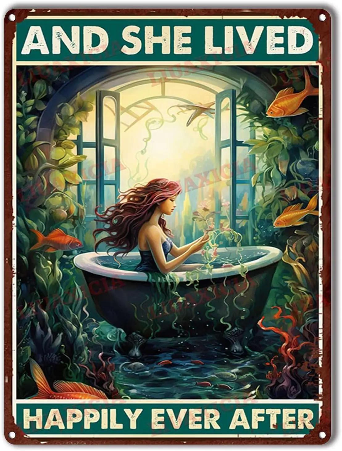 Y1,Retro Style Metal Tin Sign Mermaid And She Lived Happily Ever After Wall Art Decor inch-aluminum