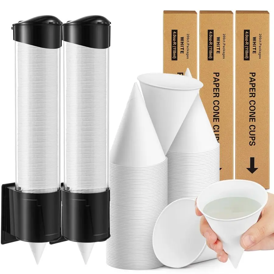 

600pcs 4 oz Paper Cone Cups Thicken Disposable with 2 Cups Dispenser Pull Type Wall Mount Cup Holder Paper for Restaurants, Home