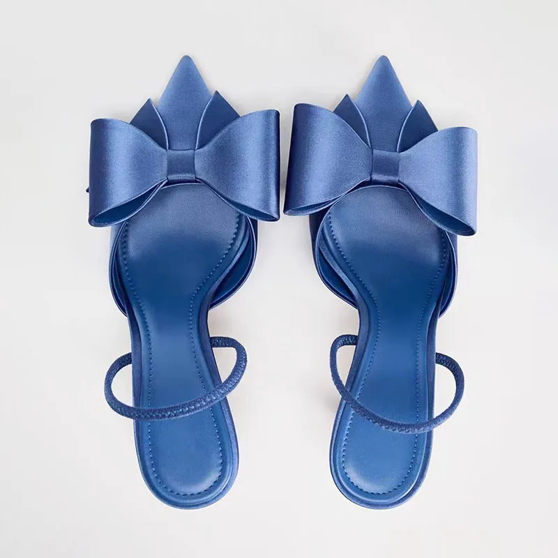 TRAF French Retro Blue Bow High Heels New  Point Head Stilettos Slingbacks For Woman Women Elegant Satin Fabric Sandals Shoes