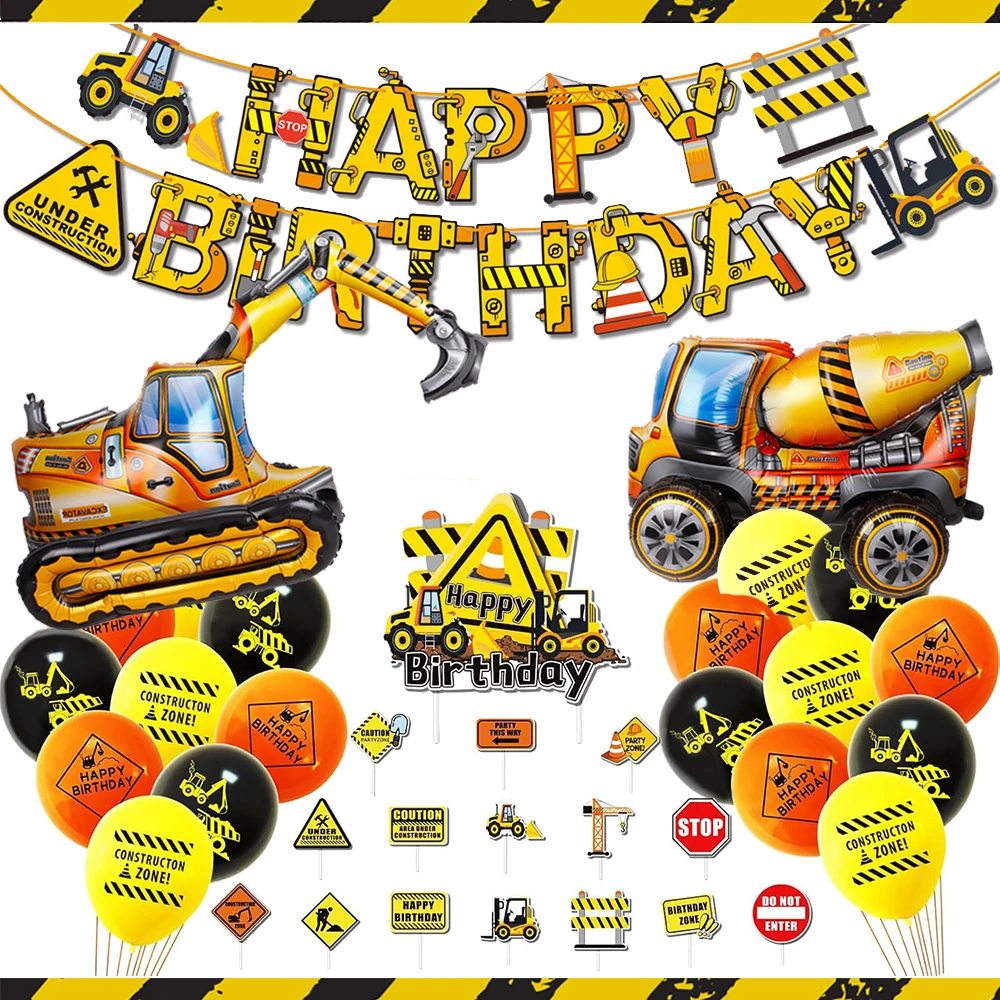 Construction Birthday Party Decor Happy Birthday Banner Cake Topper Excavator Foil Balloon Engineering Vehicle Birthday Supplies