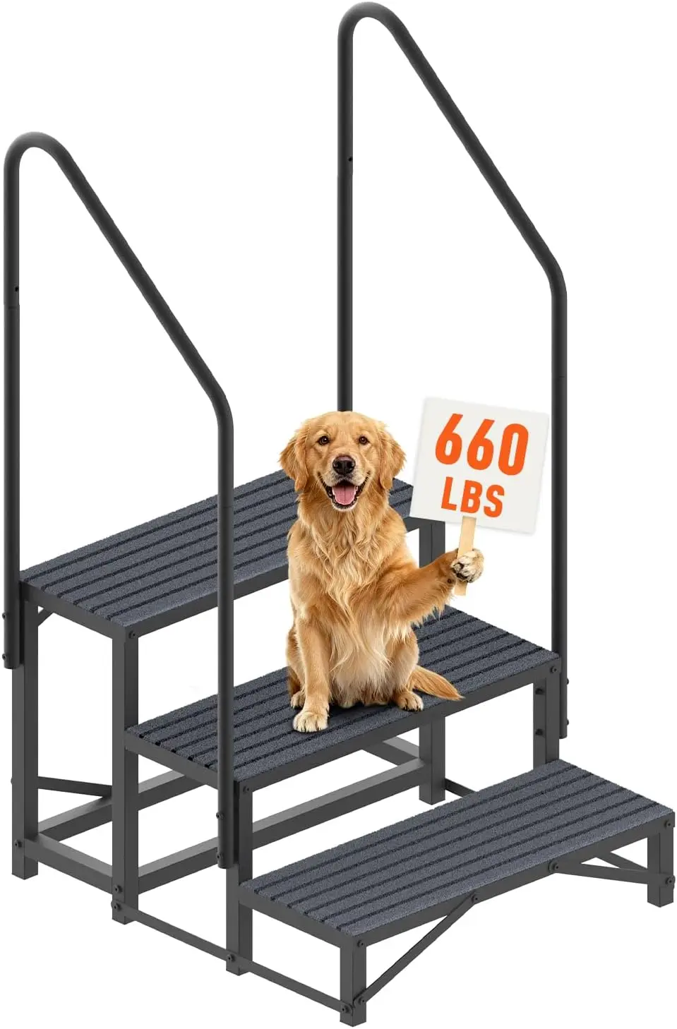 3 Step RV Stairs with Dual Handrails, Heavy Duty Steel Step Stool 660 Lbs Weight Capacity, Non Slip Tread Camper Ladder Steps, Outdoor Hot Tub Spa Porch Trailer Step Stool,